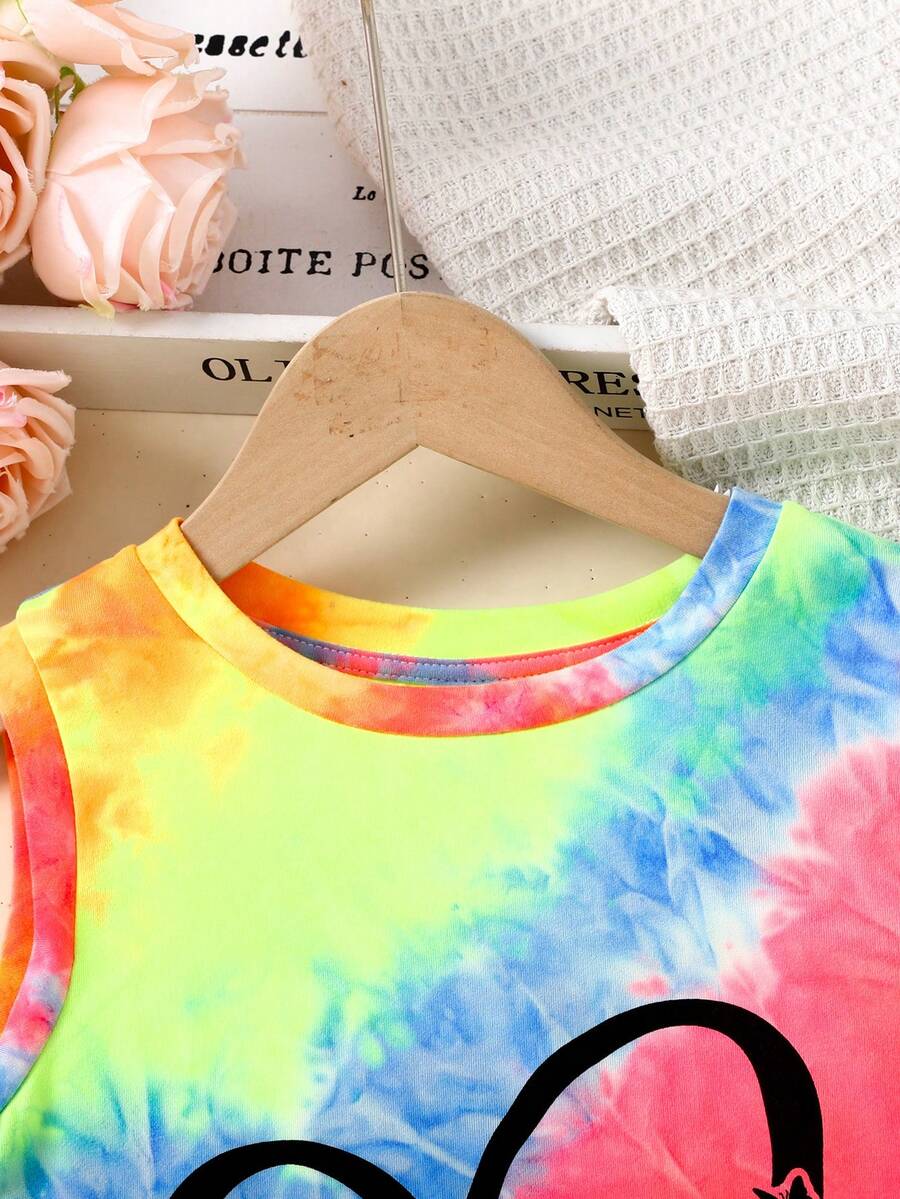 Tween girls sleeveless tie-dye tank dress with round neck, loose fit, short length, and asymmetrical hem in a casual streetwear style
