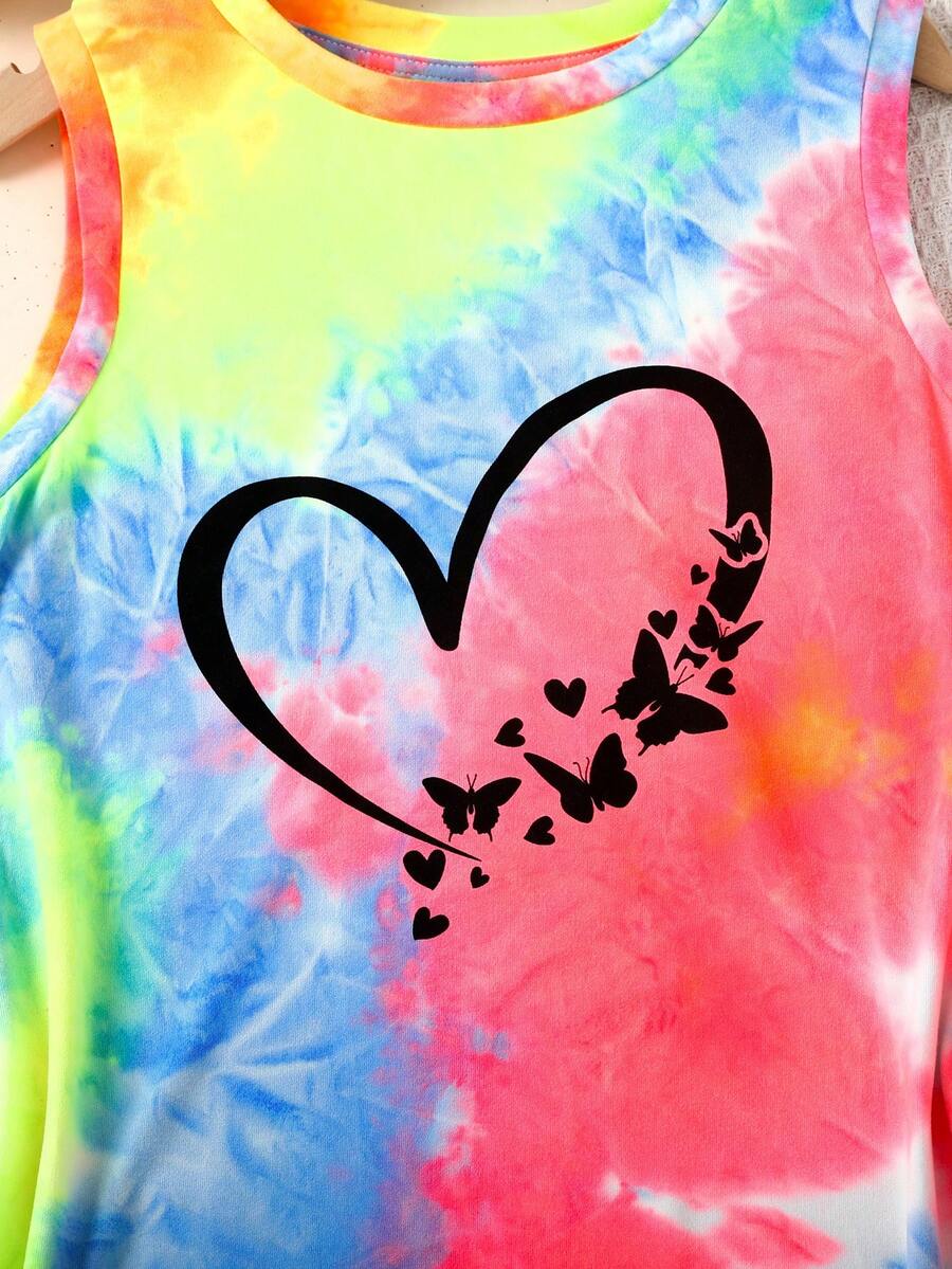Tween girls sleeveless tie-dye tank dress with round neck, loose fit, short length, and asymmetrical hem in a casual streetwear style