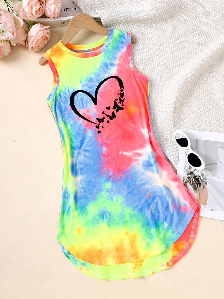 Tween girls sleeveless tie-dye tank dress with round neck, loose fit, short length, and asymmetrical hem in a casual streetwear style