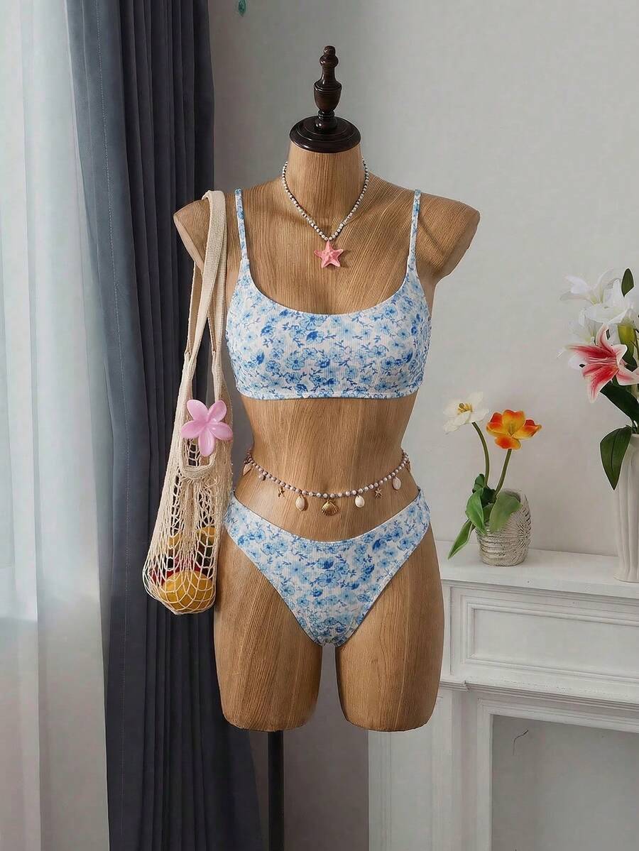 Apricot ribbed high waist two piece bikini swimsuit set for women featuring backless spaghetti strap top and high waisted bottoms.