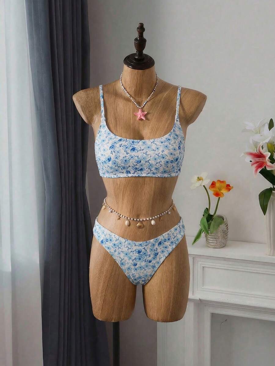 Apricot ribbed high waist two piece bikini swimsuit set for women featuring backless spaghetti strap top and high waisted bottoms.