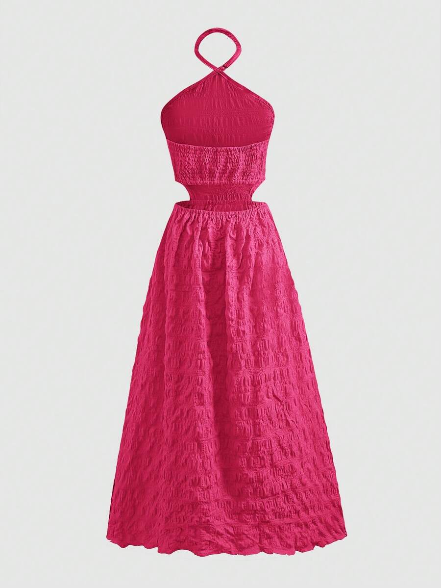 Tween girl yellow long halter dress with cutout waist, split detail, shirred textured fabric, sleeveless design, high waist, and flared hem for beach vacation wear.