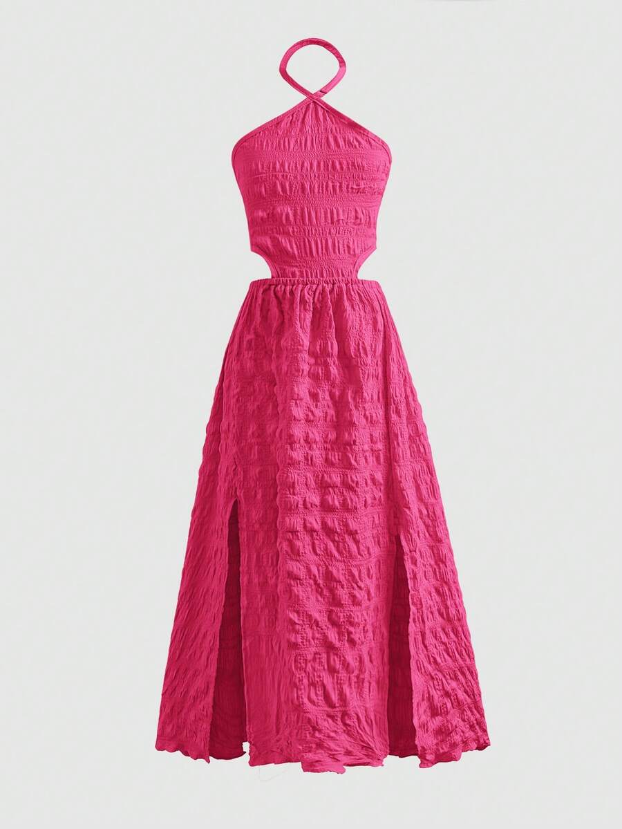 Tween girl yellow long halter dress with cutout waist, split detail, shirred textured fabric, sleeveless design, high waist, and flared hem for beach vacation wear.