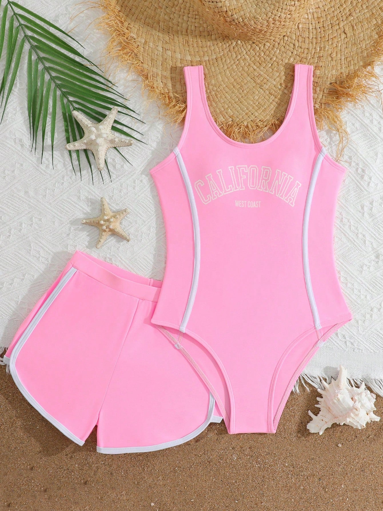 Girls baby blue striped 2-piece swimsuit set with sleeveless scoop neck one-piece, contrast piping, and matching swim shorts for beach and pool wear.