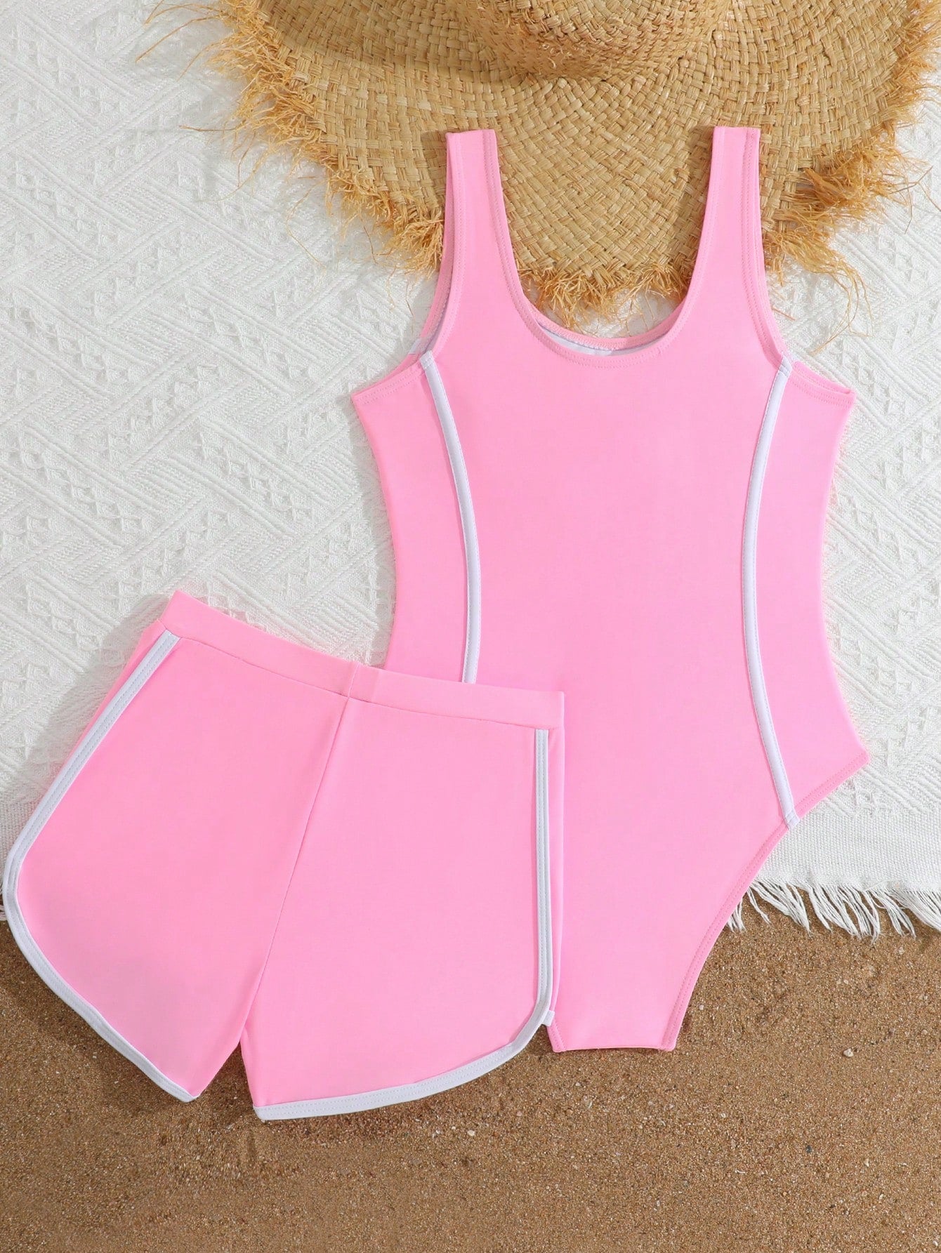 Girls baby blue striped 2-piece swimsuit set with sleeveless scoop neck one-piece, contrast piping, and matching swim shorts for beach and pool wear.