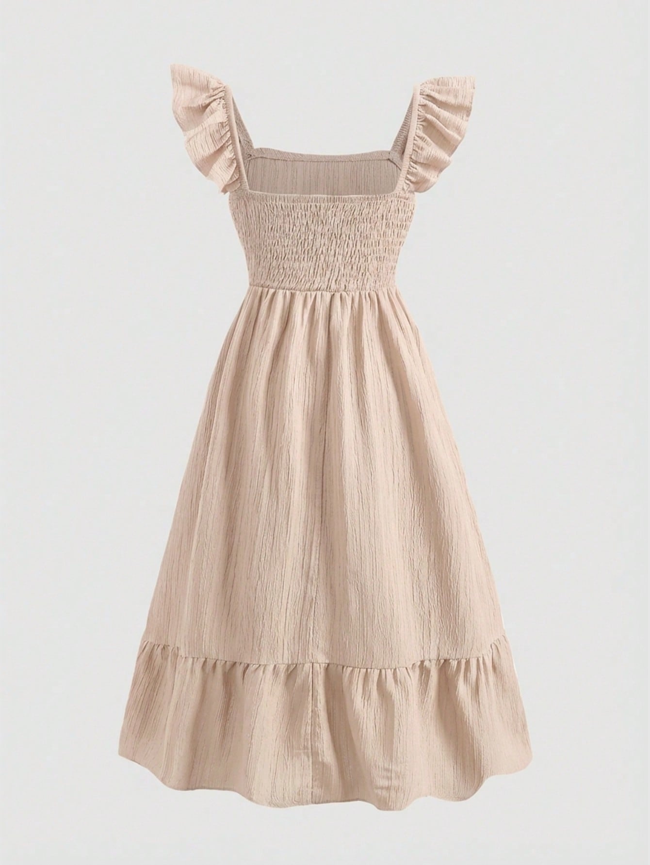 Tween girl multicolor floral vacation dress with square neck, ruffle details, shirred bodice, sleeveless A-line shape, high waist, and flounce hem.