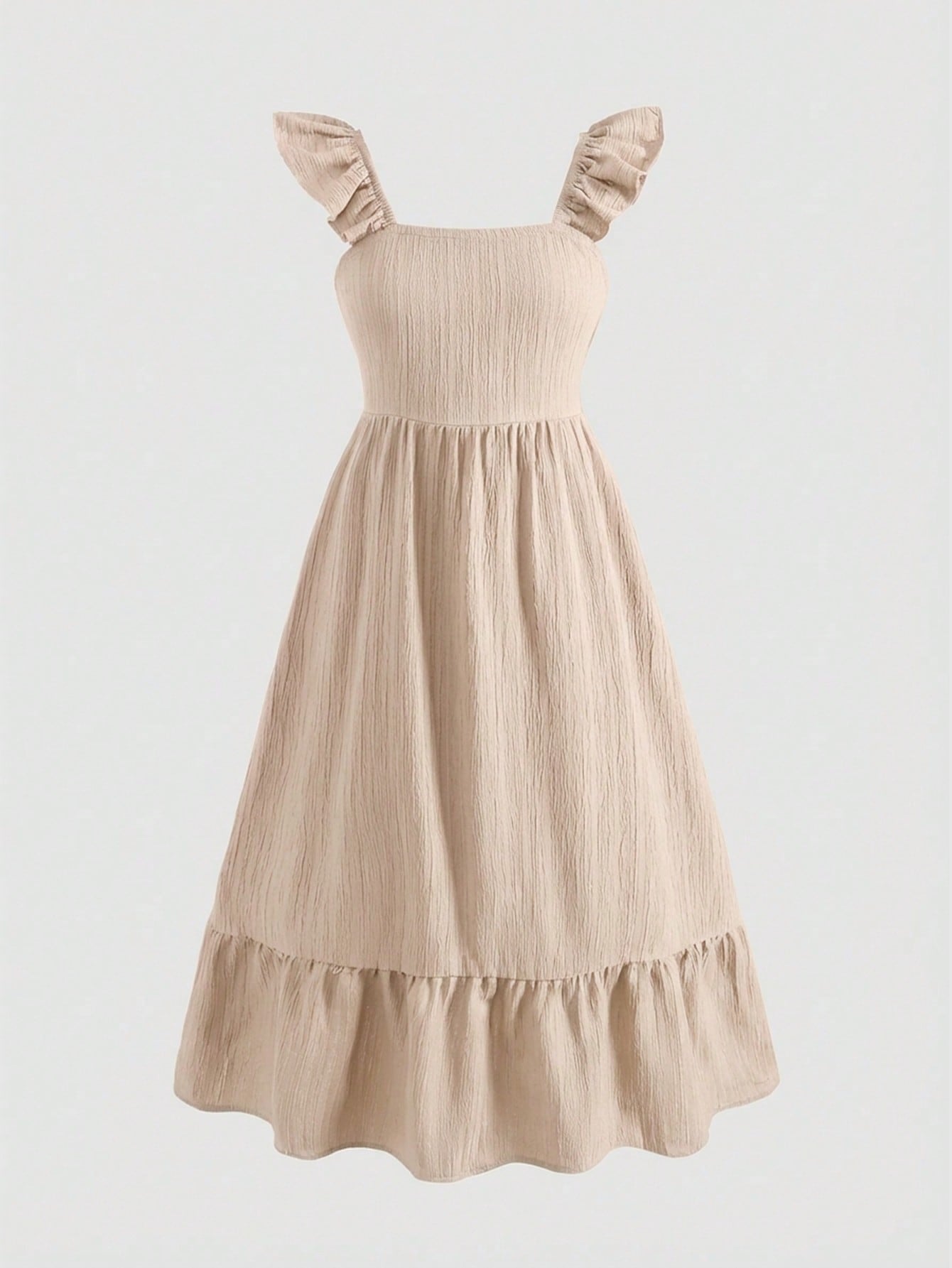 Tween girl multicolor floral vacation dress with square neck, ruffle details, shirred bodice, sleeveless A-line shape, high waist, and flounce hem.