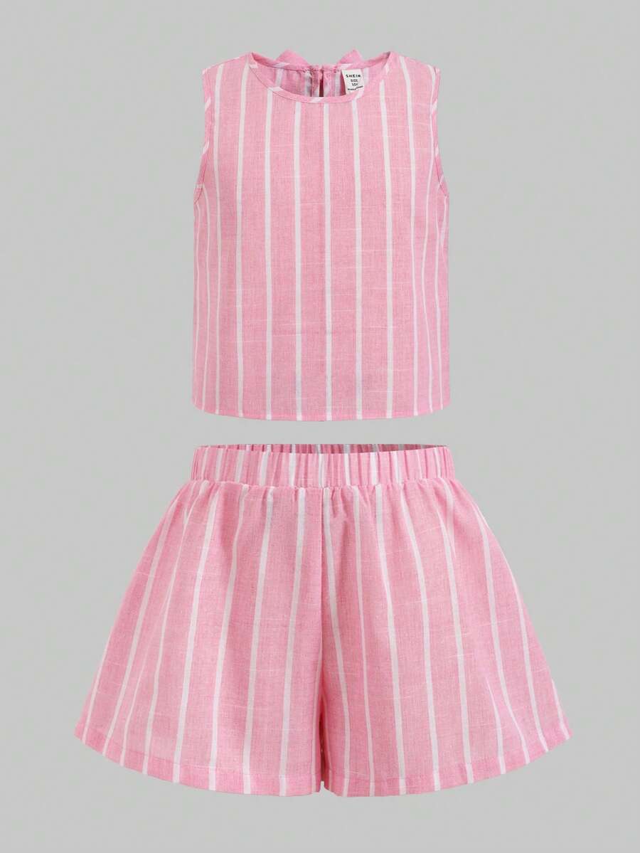 Tween girls casual blue tank top featuring round neck, textured fabric, and bow detail paired with matching shorts set.