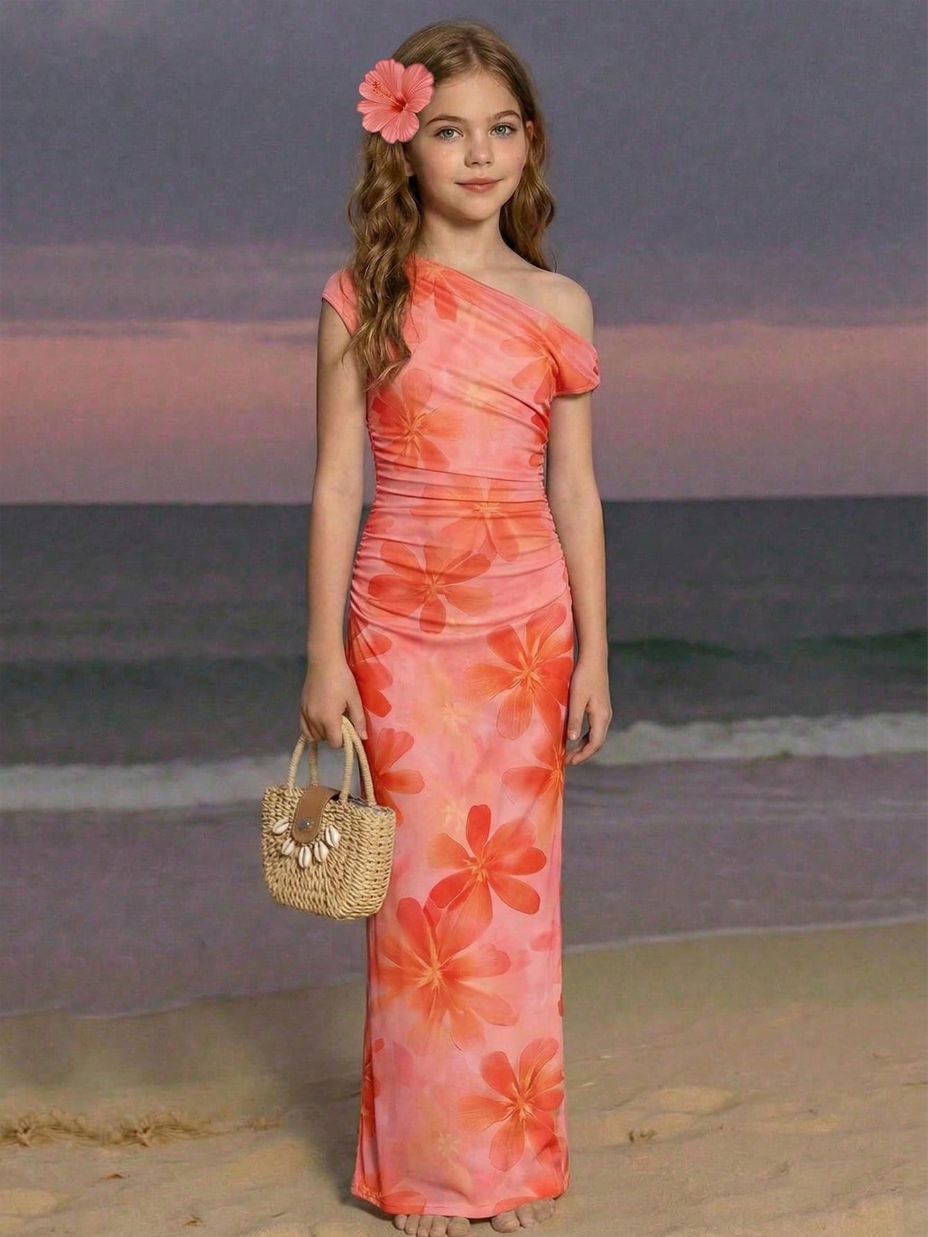 Tween girls long maxi dress with all-over print, asymmetrical neckline, short sleeves, slim fit, and vacation style in a polyester blend