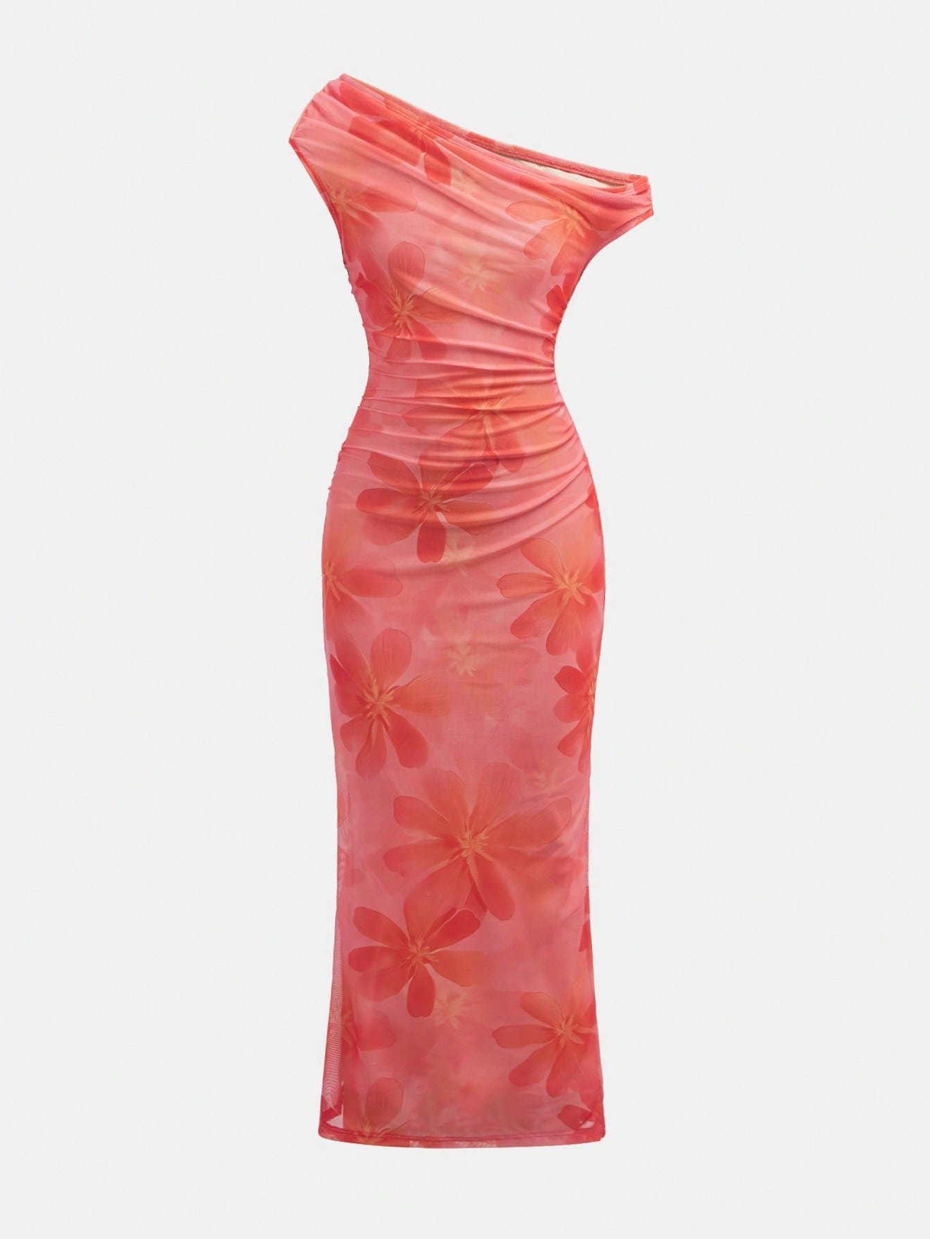Tween girls long maxi dress with all-over print, asymmetrical neckline, short sleeves, slim fit, and vacation style in a polyester blend