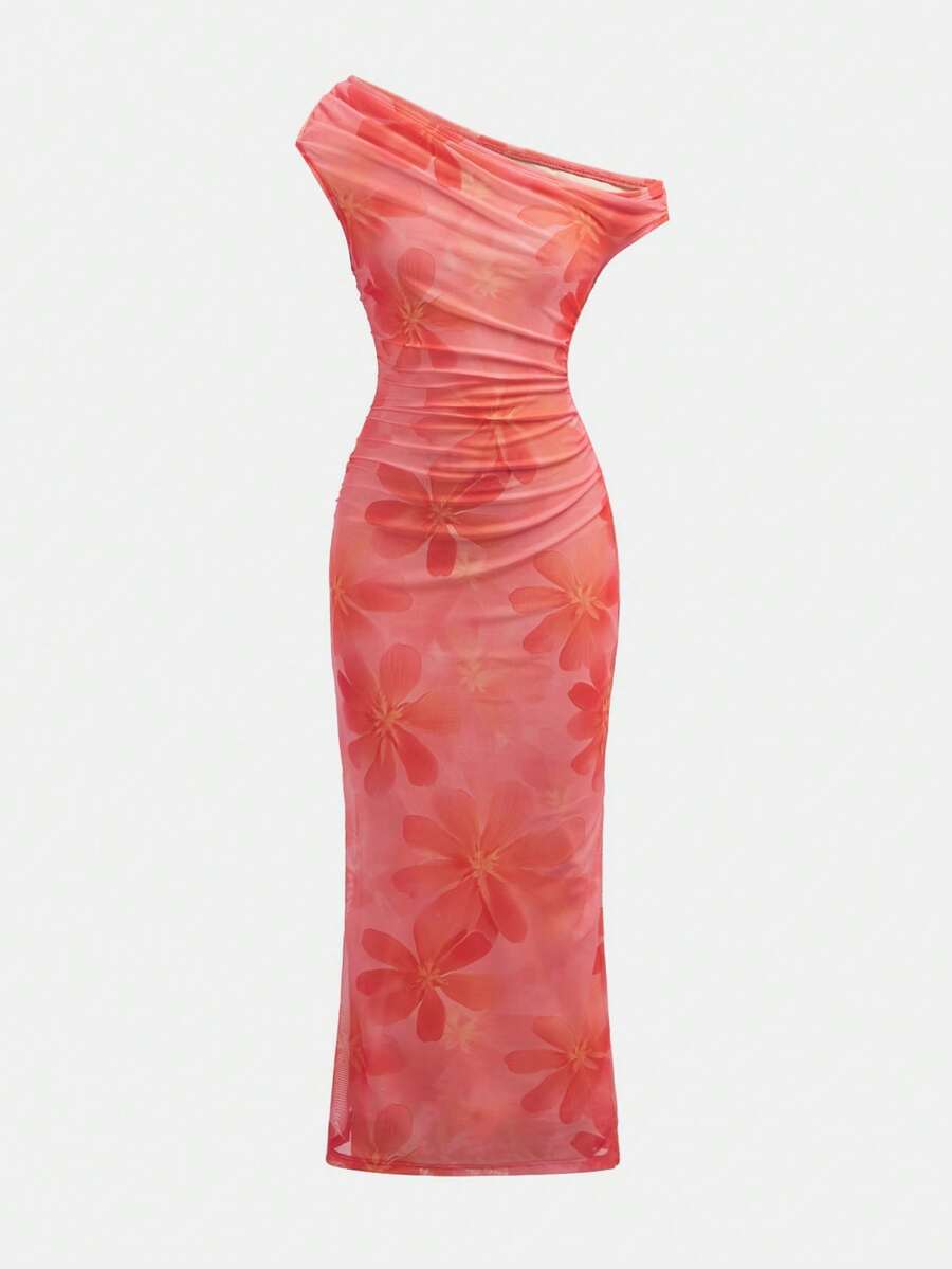 Tween girl wearing an elegant burgundy asymmetric bodycon long dress featuring 3D floral decoration, split pencil hem, and short sleeves.