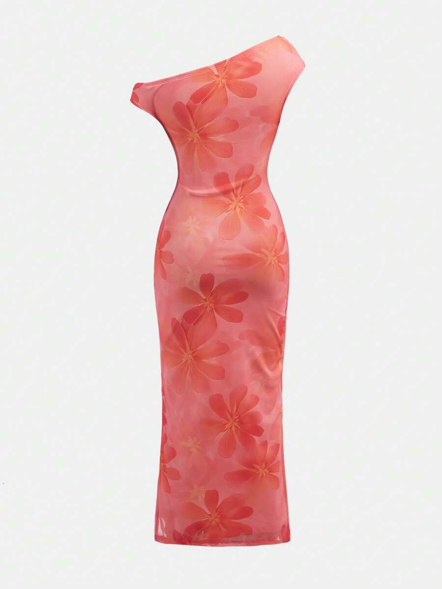 Tween girl wearing an elegant burgundy asymmetric bodycon long dress featuring 3D floral decoration, split pencil hem, and short sleeves.