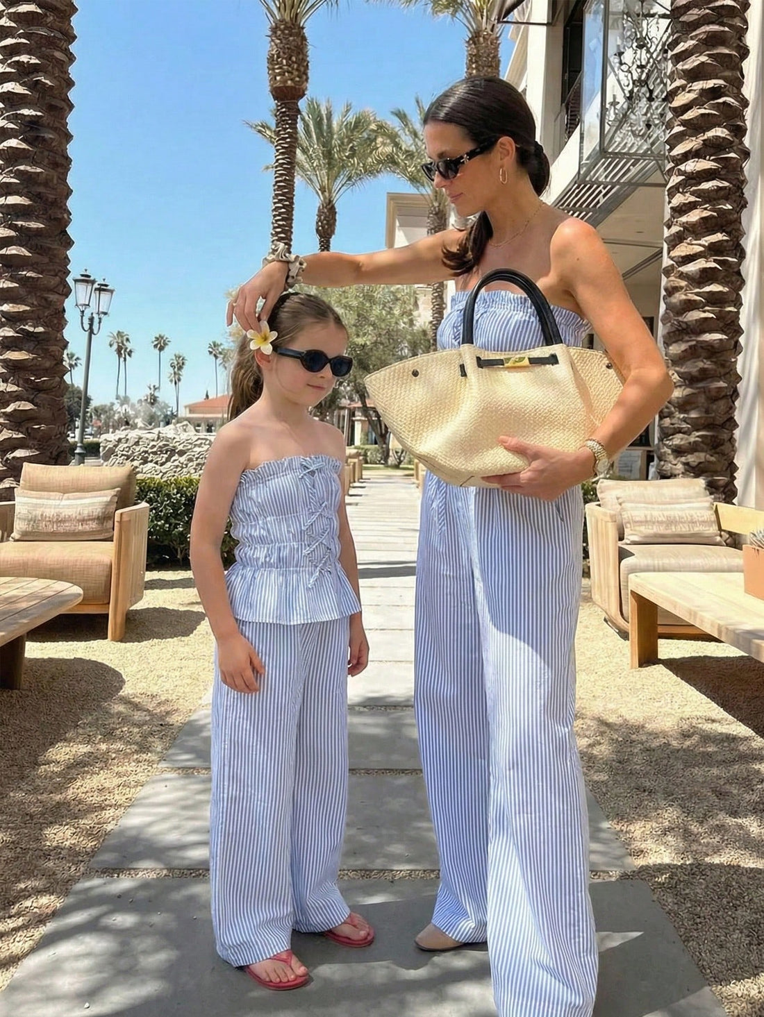 Tween girls casual tube top and elastic waist pants set with shirred ruffle details, strapless short top, and long pants in multicolor styling.