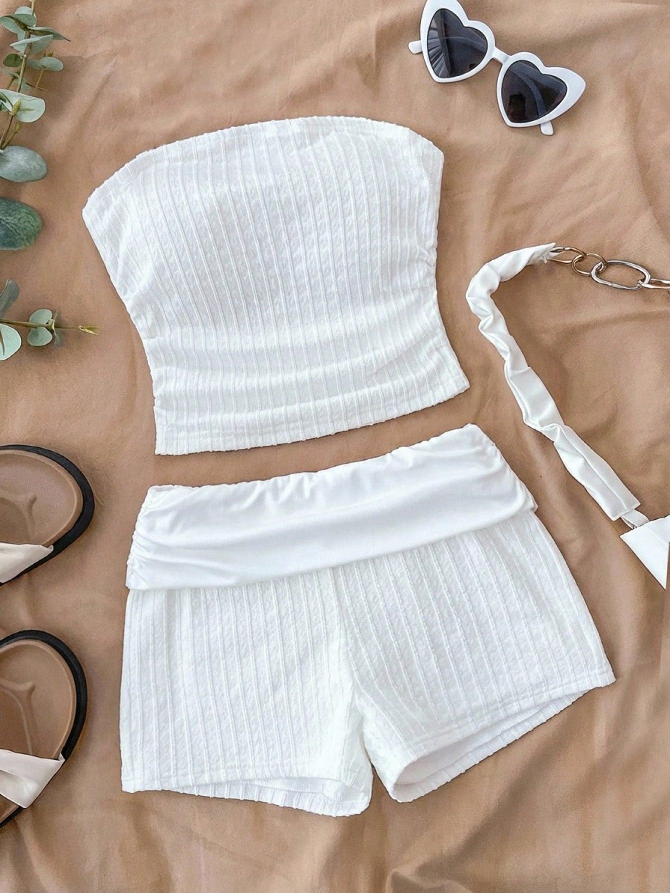 Black striped rib-knit halter tank top with lettuce trim and matching casual shorts for tween girls.