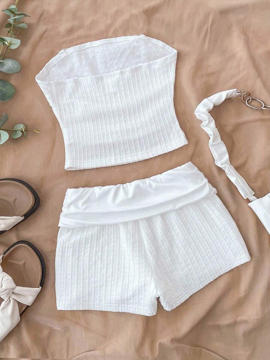 Black striped rib-knit halter tank top with lettuce trim and matching casual shorts for tween girls.