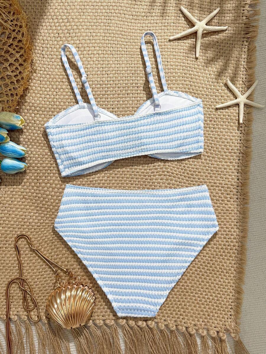 Tween girls pink and white striped two-piece bikini set with spaghetti strap bandeau top, starfish decor, and high waist swim bottoms for beach and vacation wear