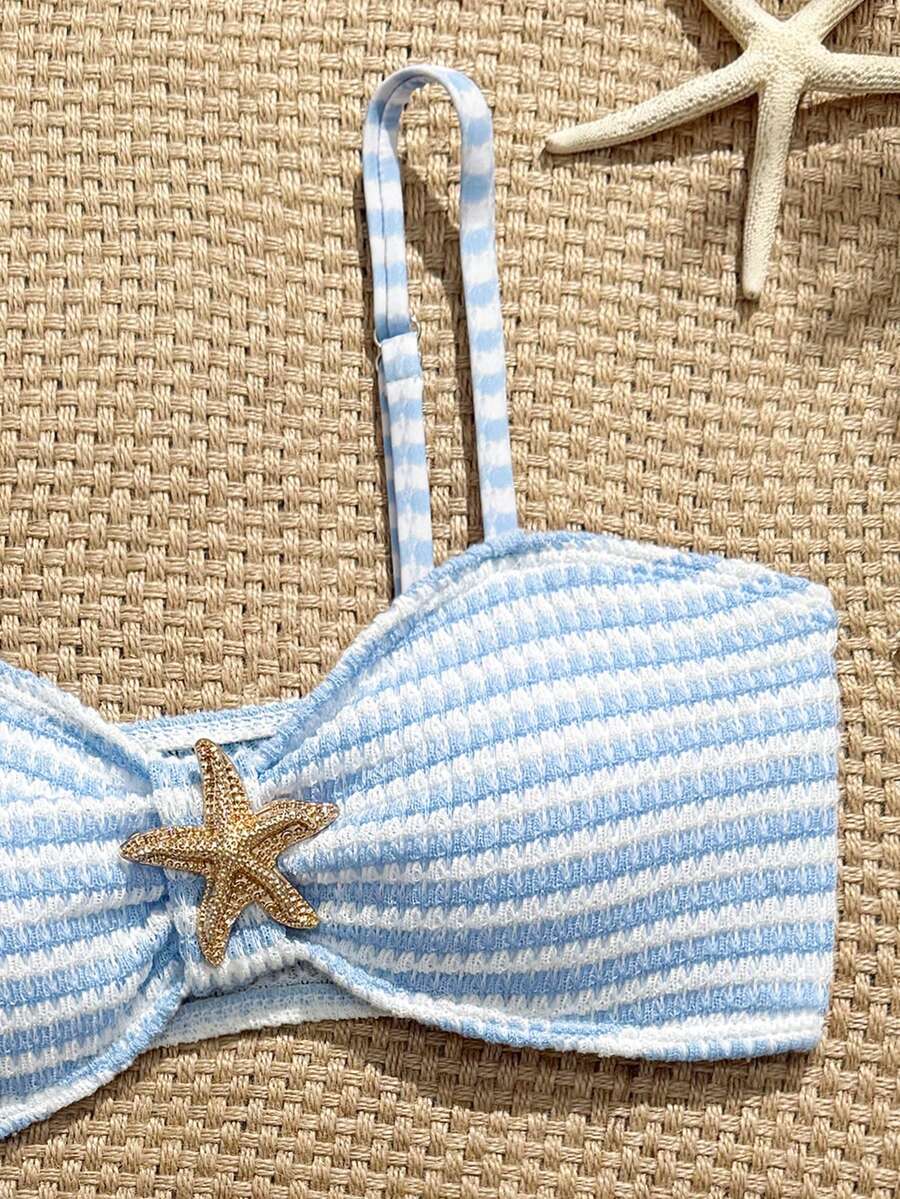 Tween girls pink and white striped two-piece bikini set with spaghetti strap bandeau top, starfish decor, and high waist swim bottoms for beach and vacation wear