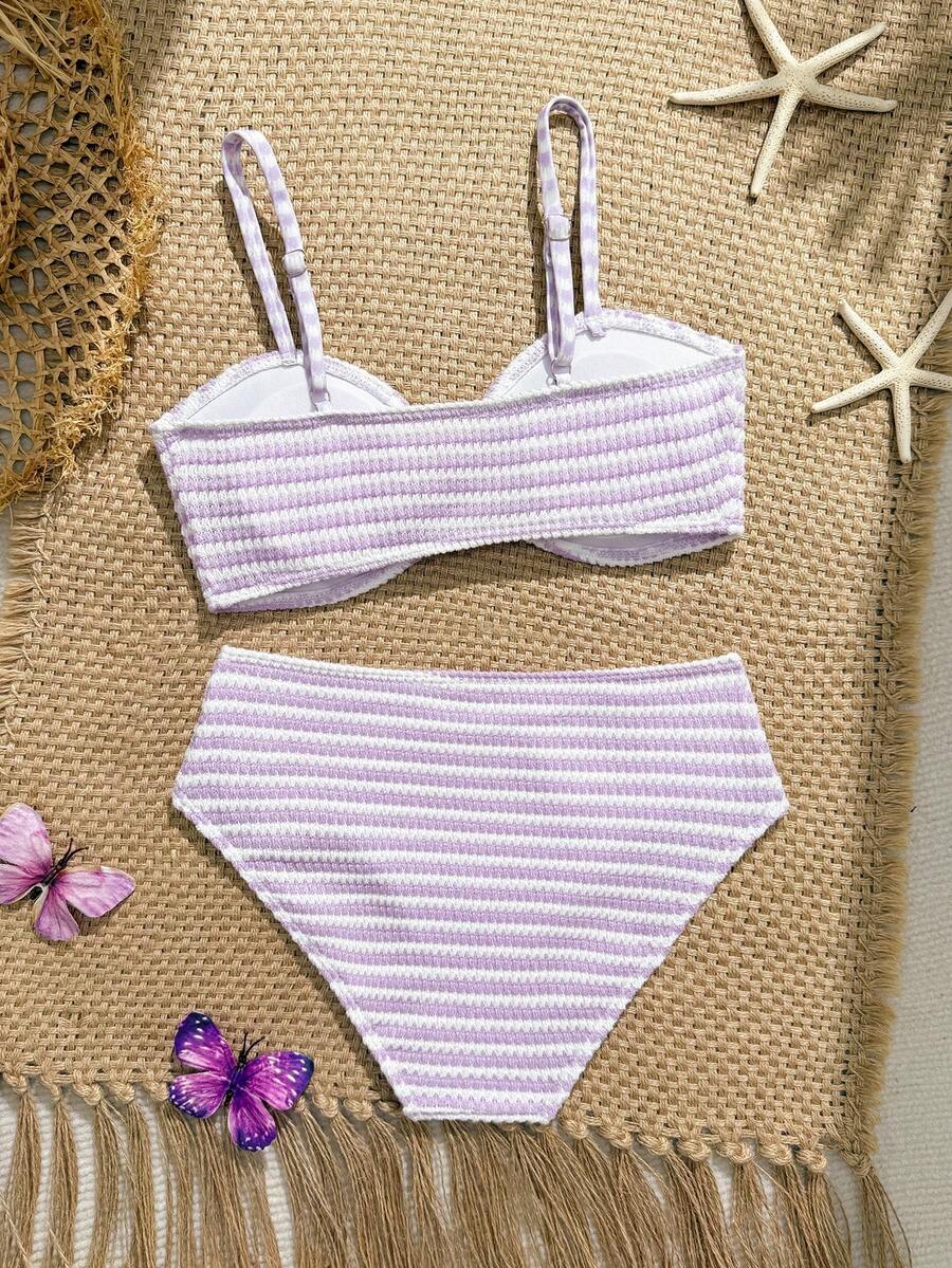 Tween girls pink and white striped two-piece bikini set with spaghetti strap bandeau top, starfish decor, and high waist swim bottoms for beach and vacation wear