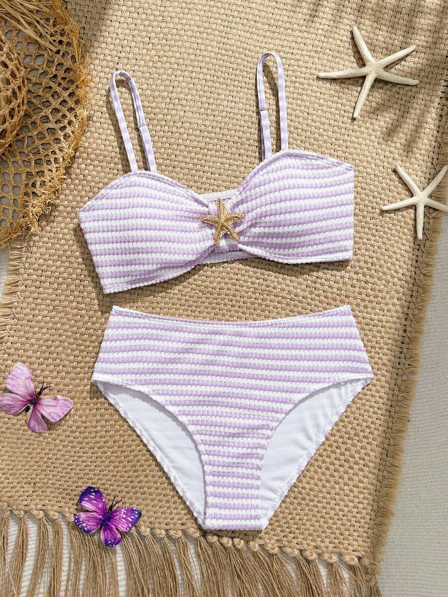 Tween girls pink and white striped two-piece bikini set with spaghetti strap bandeau top, starfish decor, and high waist swim bottoms for beach and vacation wear