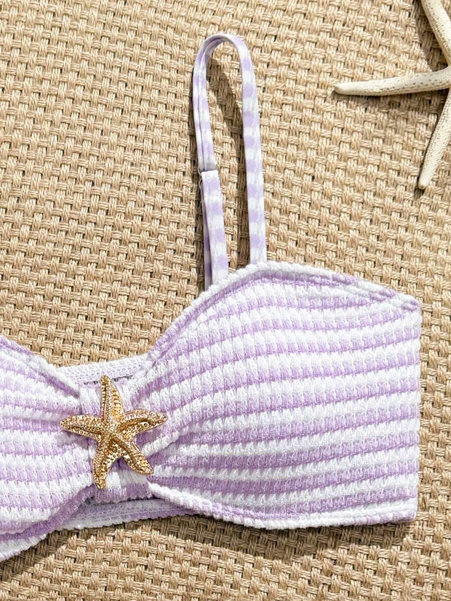 Tween girls pink and white striped two-piece bikini set with spaghetti strap bandeau top, starfish decor, and high waist swim bottoms for beach and vacation wear