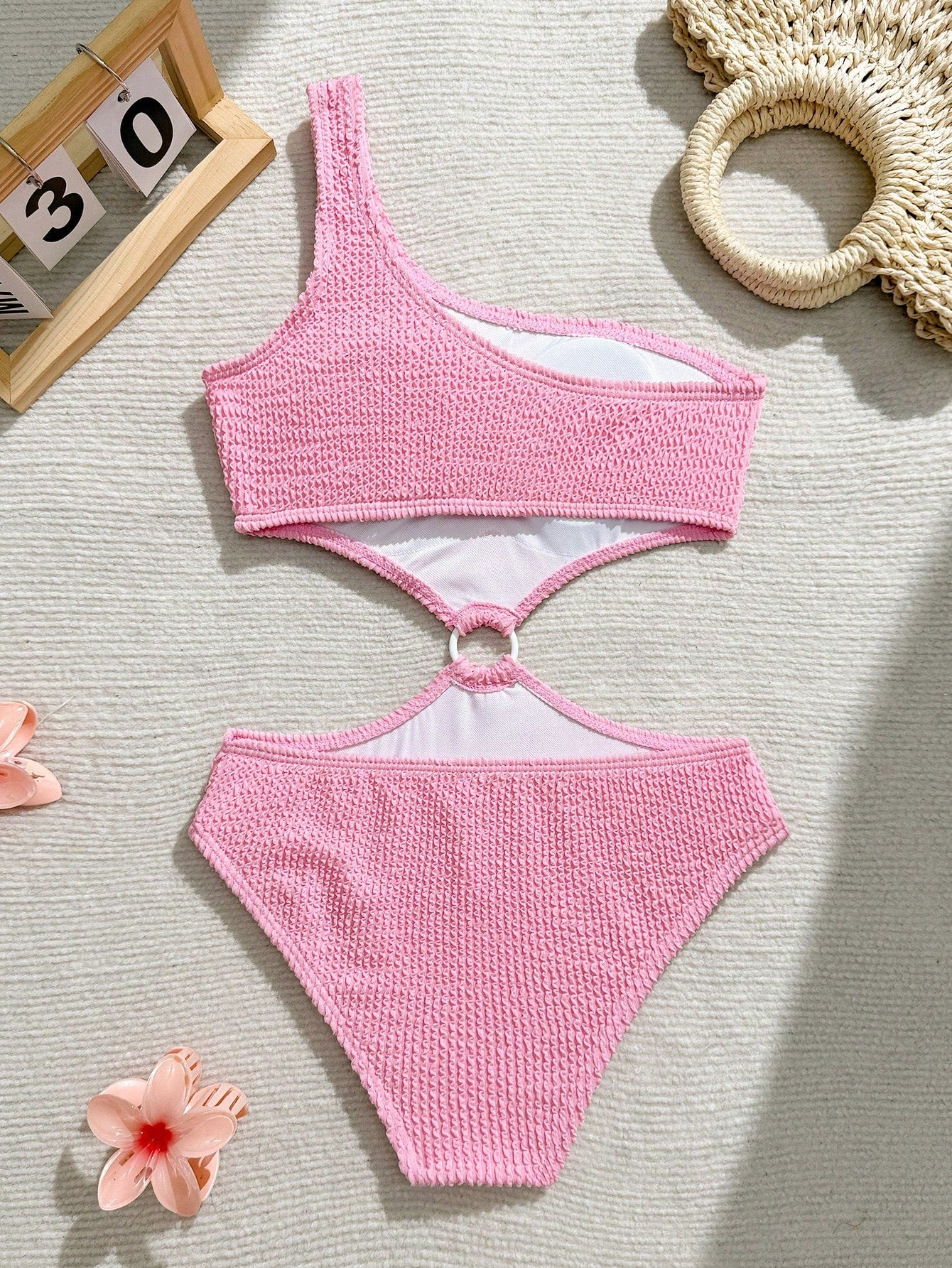 Mint blue tween girls one-piece swimsuit with asymmetrical neckline, cut-out detail, lined body, and high-stretch polyester blend fabric for vacation beachwear