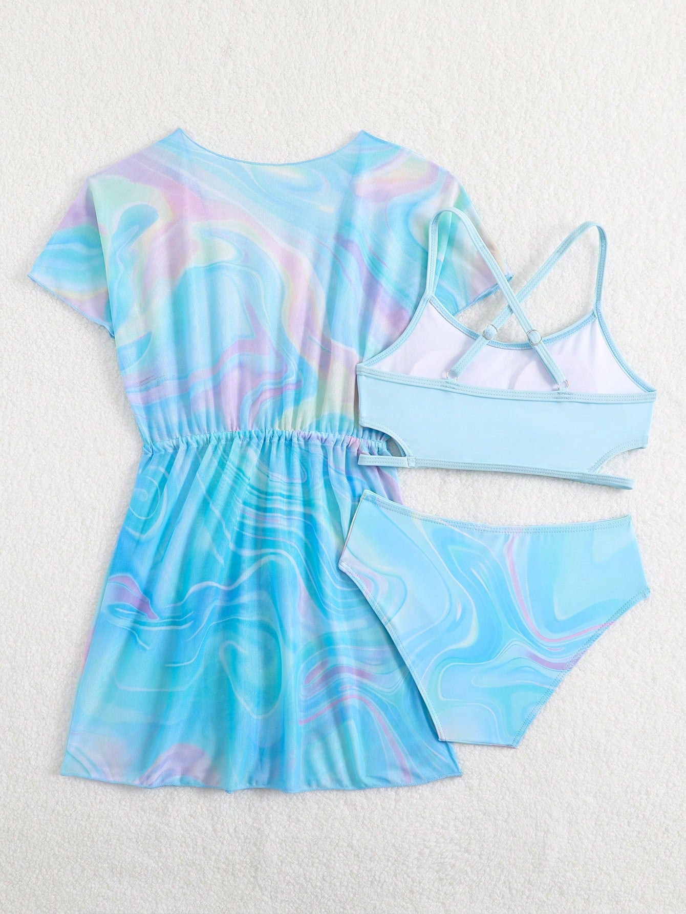 Tween girls 3-piece striped swimwear set featuring a tankini top, mid-waist bikini bottoms with a drawstring waist, and a matching kimono cover-up for beach or vacation wear.