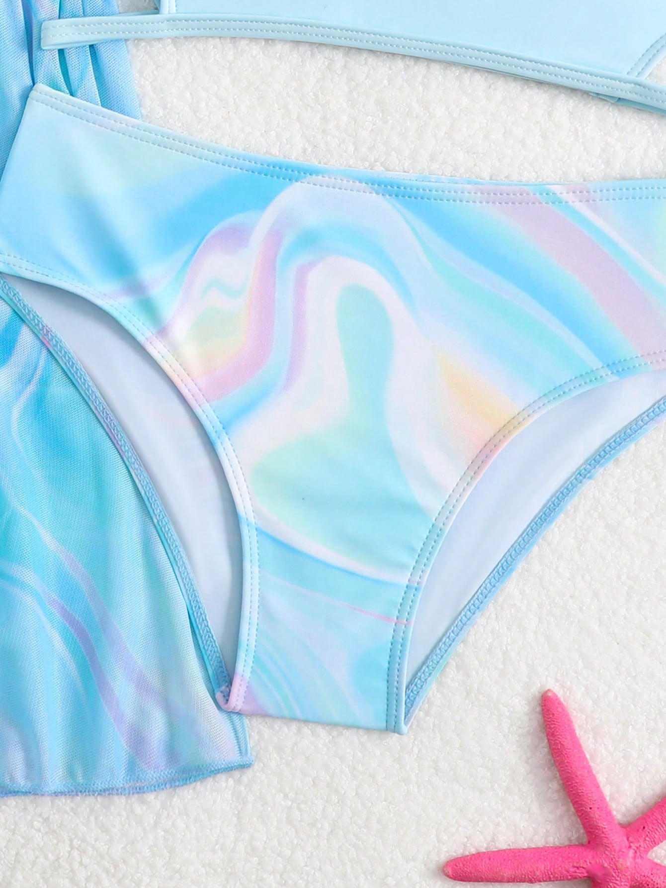 Tween girls 3-piece striped swimwear set featuring a tankini top, mid-waist bikini bottoms with a drawstring waist, and a matching kimono cover-up for beach or vacation wear.