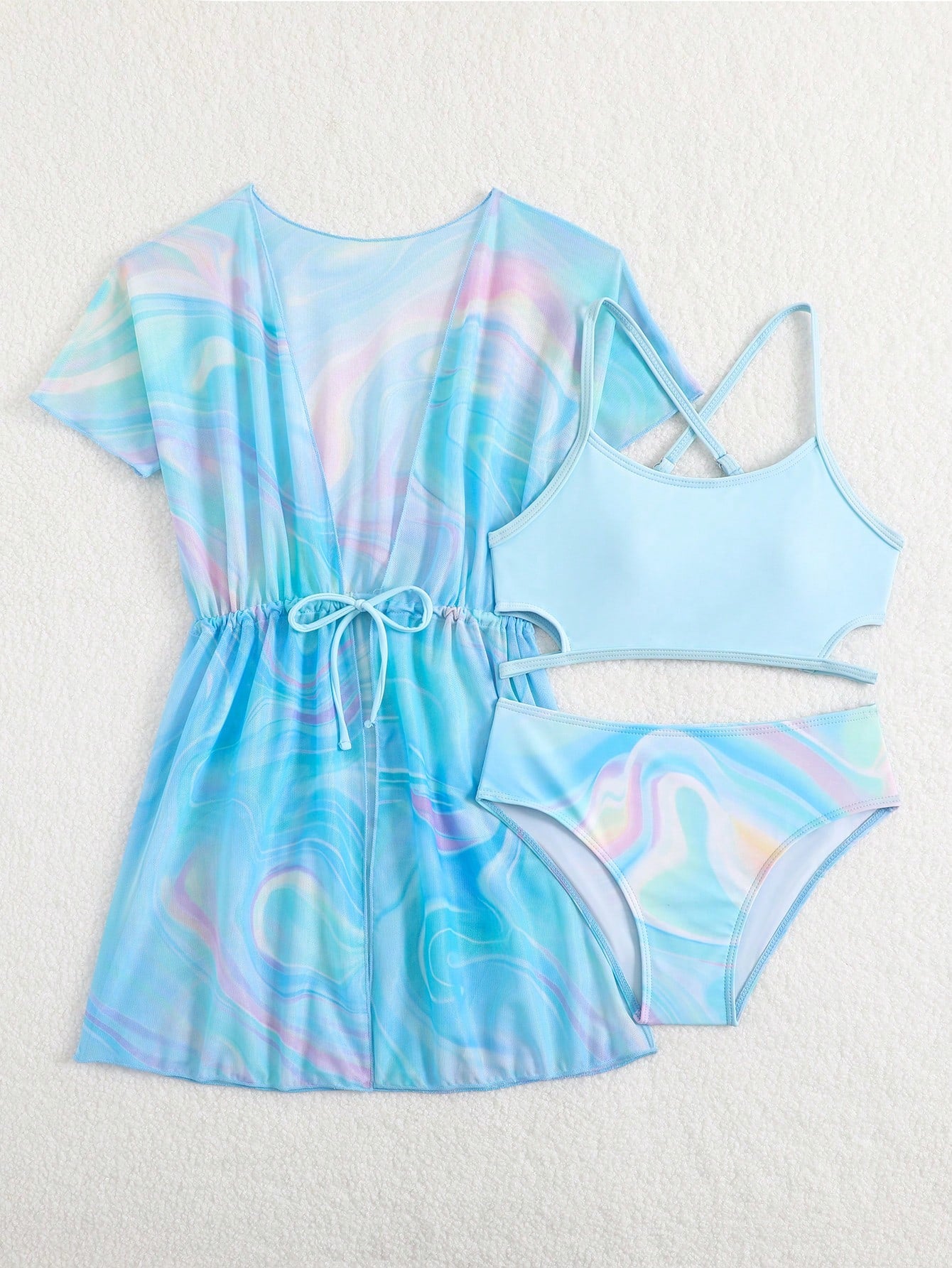 Tween girls 3-piece striped swimwear set featuring a tankini top, mid-waist bikini bottoms with a drawstring waist, and a matching kimono cover-up for beach or vacation wear.