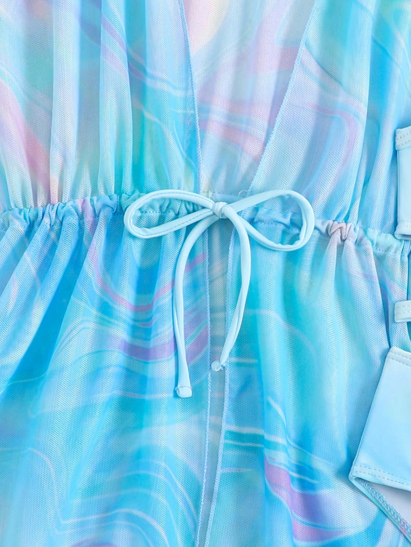Tween girls 3-piece striped swimwear set featuring a tankini top, mid-waist bikini bottoms with a drawstring waist, and a matching kimono cover-up for beach or vacation wear.