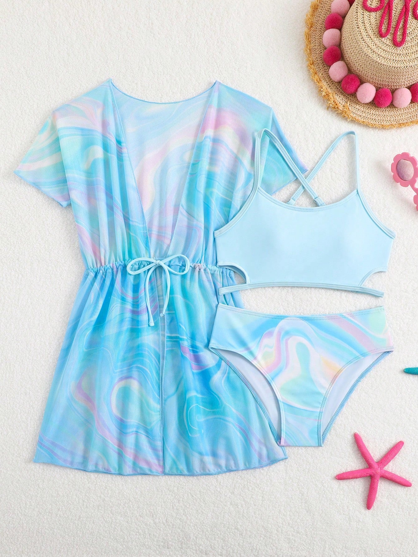 Tween girls 3-piece striped swimwear set featuring a tankini top, mid-waist bikini bottoms with a drawstring waist, and a matching kimono cover-up for beach or vacation wear.