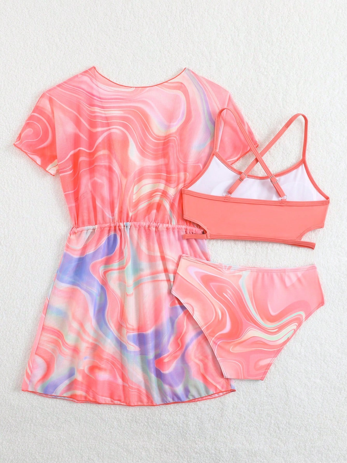 Tween girls 3-piece striped swimwear set featuring a tankini top, mid-waist bikini bottoms with a drawstring waist, and a matching kimono cover-up for beach or vacation wear.