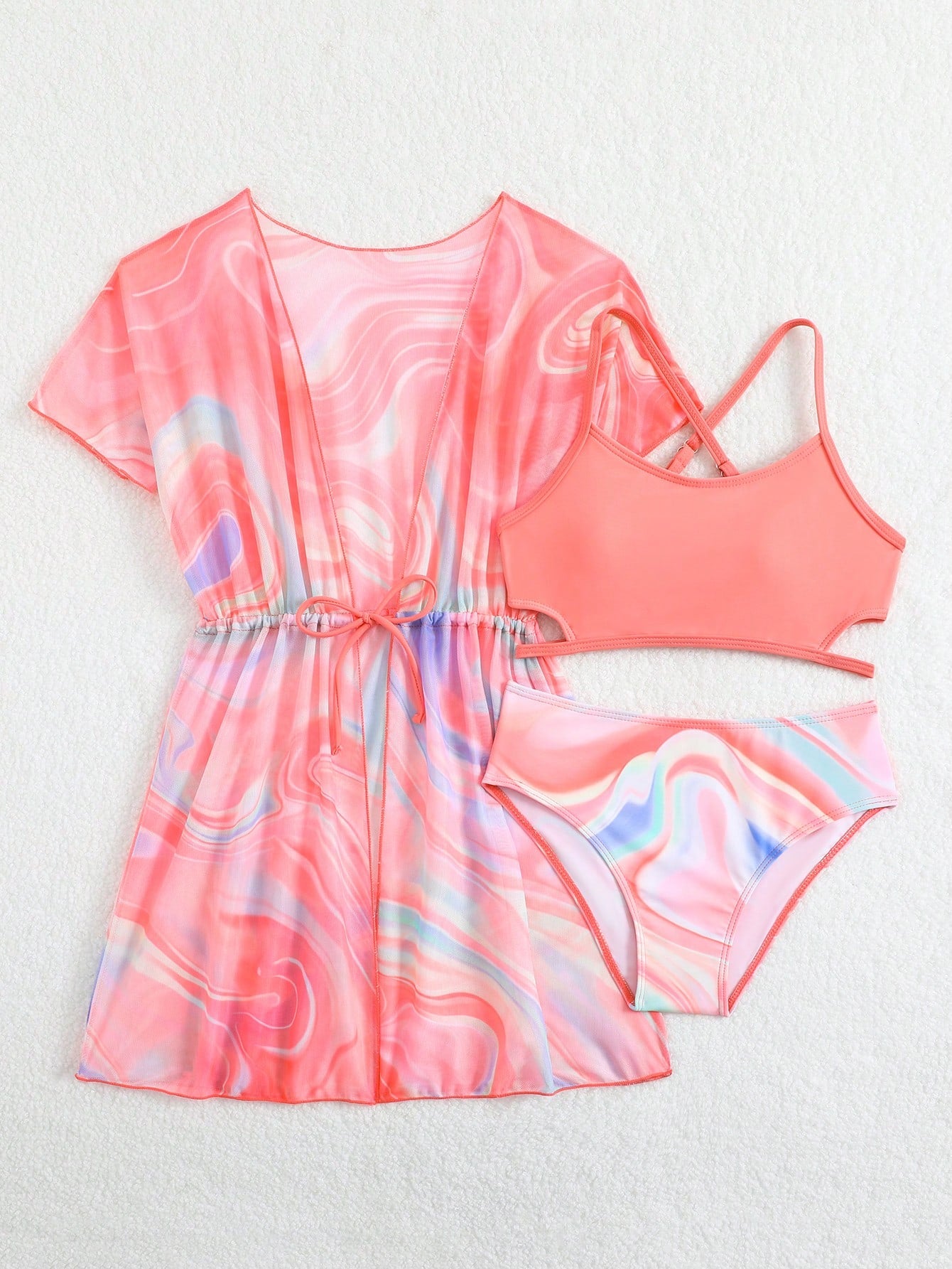 Tween girls 3-piece striped swimwear set featuring a tankini top, mid-waist bikini bottoms with a drawstring waist, and a matching kimono cover-up for beach or vacation wear.