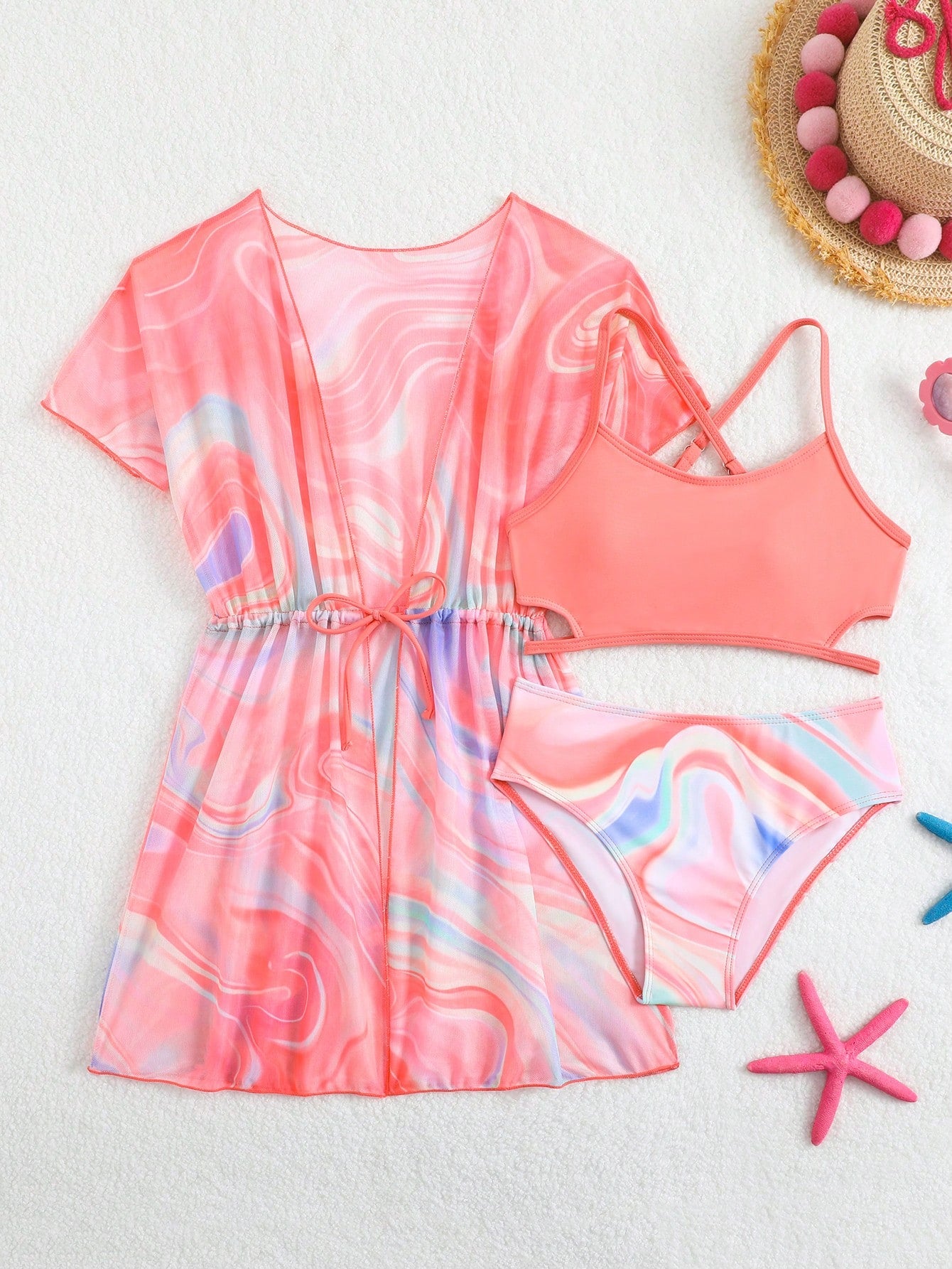 Tween girls 3-piece striped swimwear set featuring a tankini top, mid-waist bikini bottoms with a drawstring waist, and a matching kimono cover-up for beach or vacation wear.