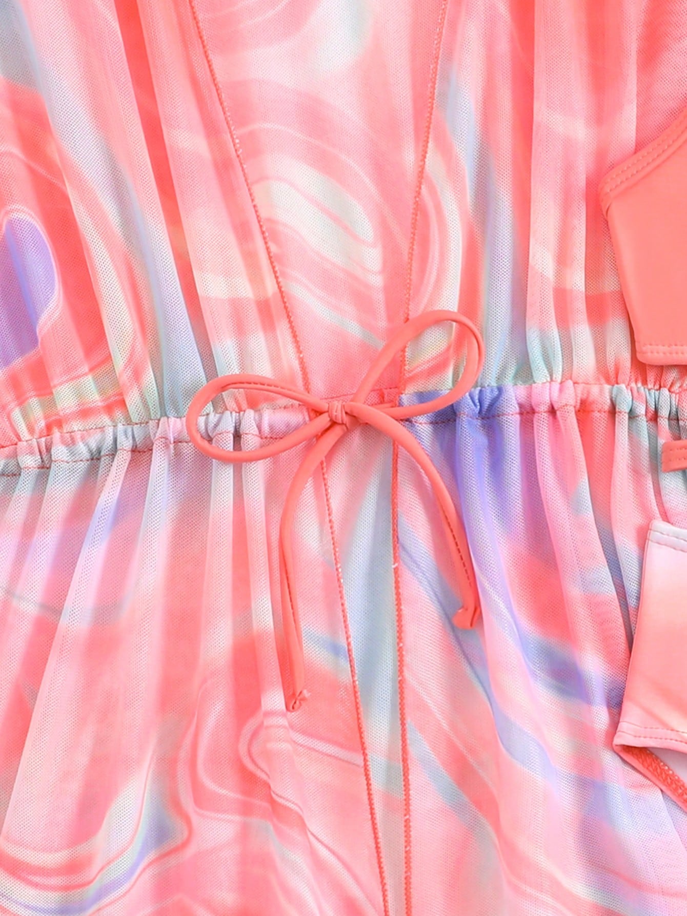Tween girls 3-piece striped swimwear set featuring a tankini top, mid-waist bikini bottoms with a drawstring waist, and a matching kimono cover-up for beach or vacation wear.