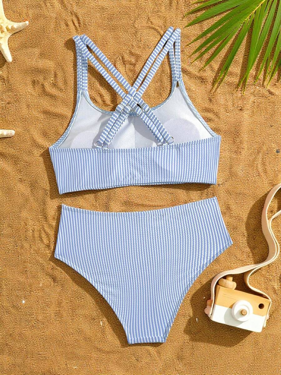 Tween Girls Bikini Sets Orange Summer Modest Activewear Beach Holiday,Knitted Ribbed Two Pieces Swimwear Crisscross Back Tank Top With Briefs Set