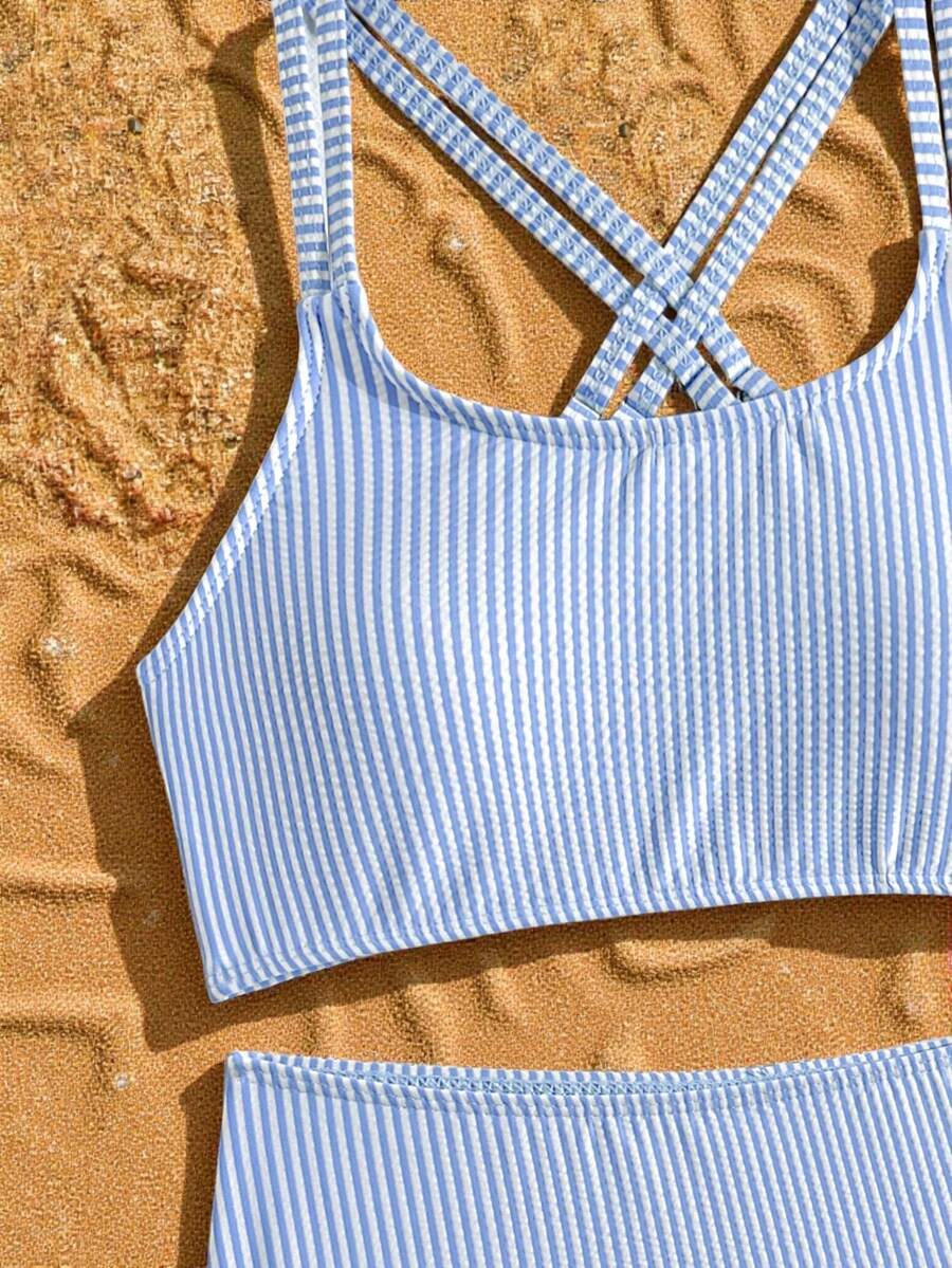 Tween Girls Bikini Sets Orange Summer Modest Activewear Beach Holiday,Knitted Ribbed Two Pieces Swimwear Crisscross Back Tank Top With Briefs Set