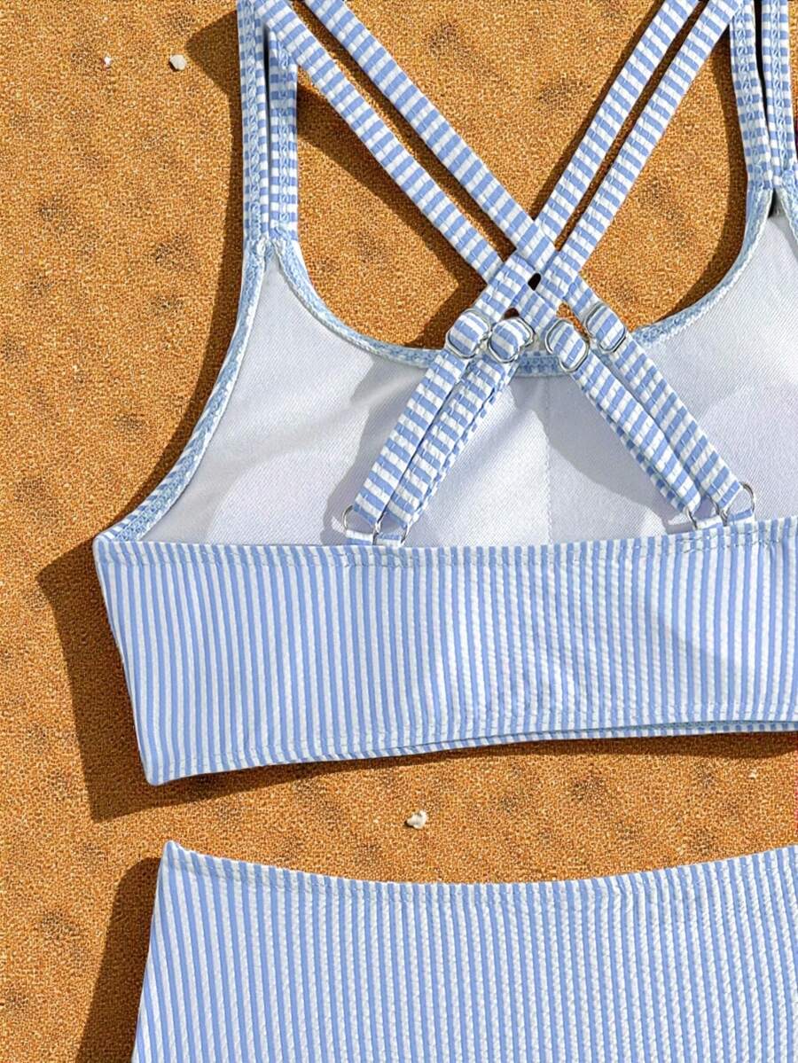 Tween Girls Bikini Sets Orange Summer Modest Activewear Beach Holiday,Knitted Ribbed Two Pieces Swimwear Crisscross Back Tank Top With Briefs Set