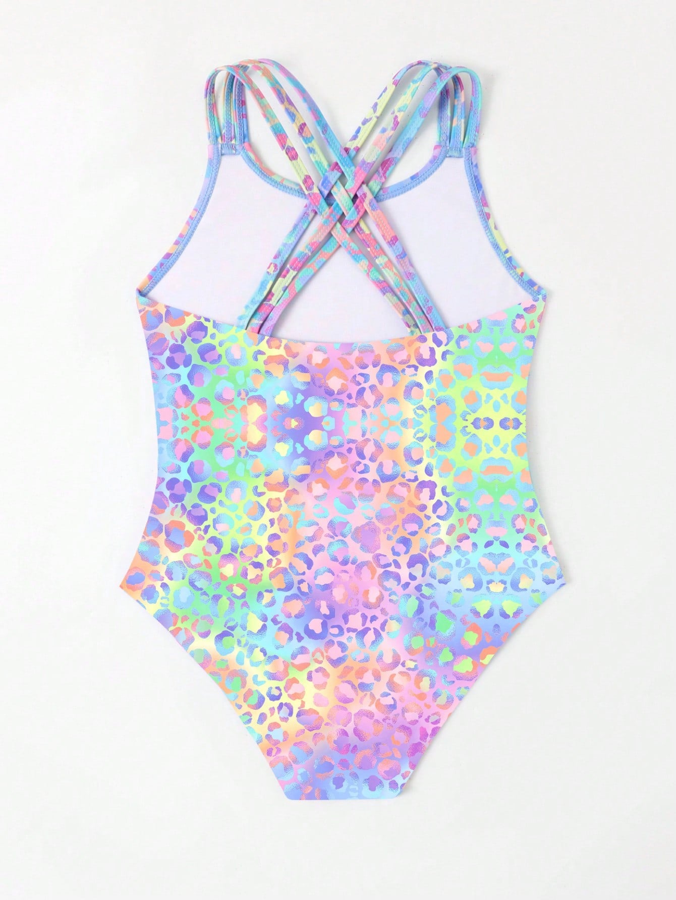 Girls' multicolor ombre leopard print one-piece swimsuit with scoop neck, ruffle detail, and criss-cross back design for summer pool wear.