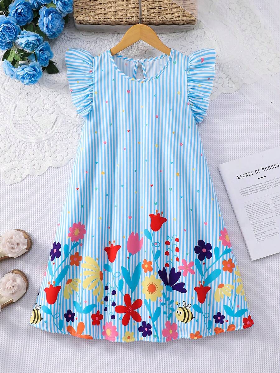 Tween girls sleeveless tropical floral mini dress in black with round neck and ruffle hem detail