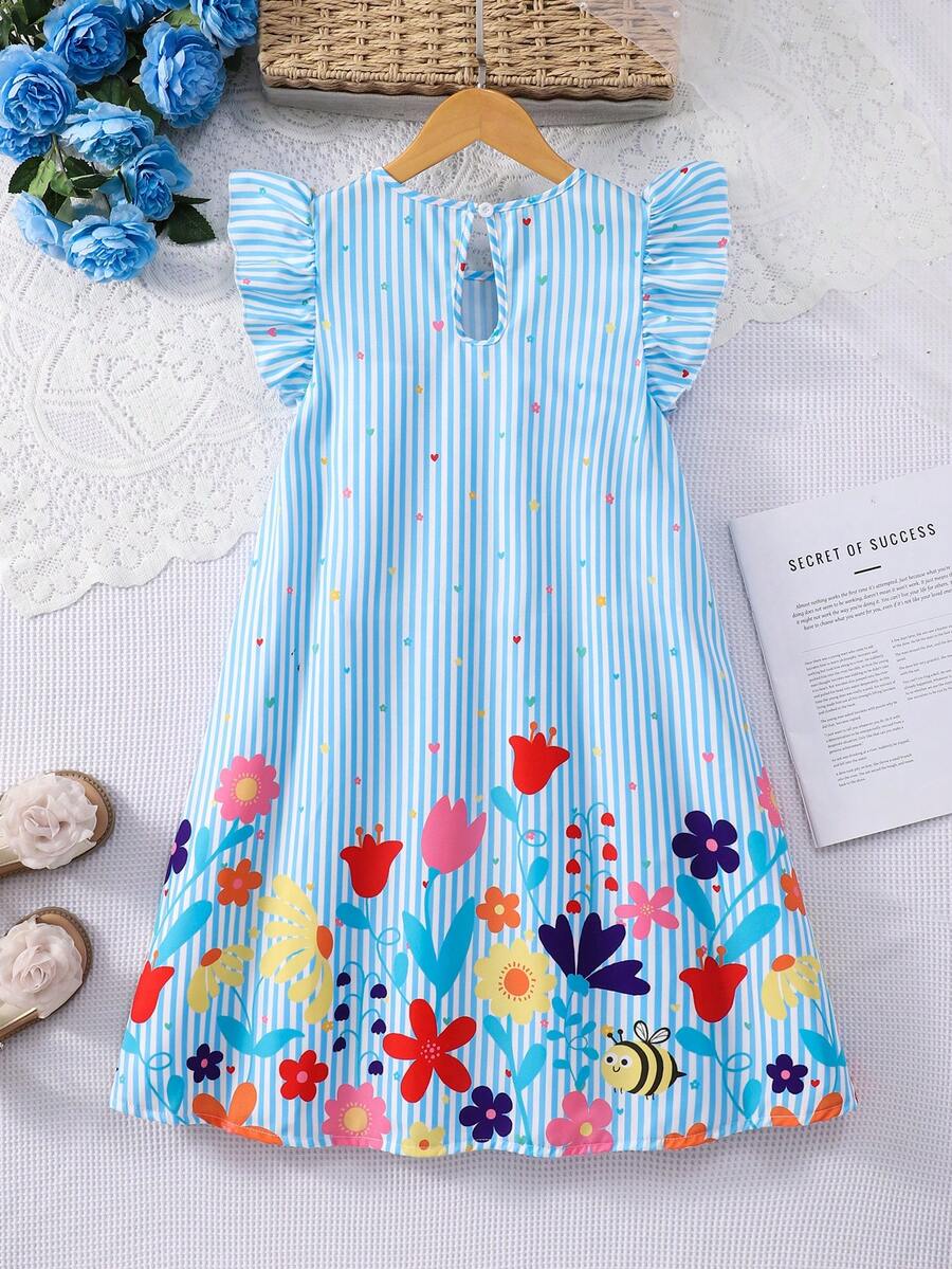 Tween girls sleeveless tropical floral mini dress in black with round neck and ruffle hem detail