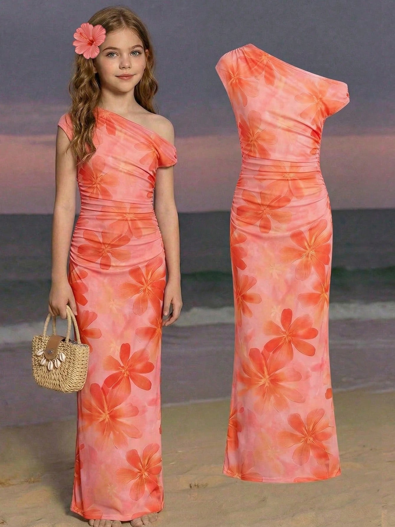 Tween girls long maxi dress with all-over print, asymmetrical neckline, short sleeves, slim fit, and vacation style in a polyester blend