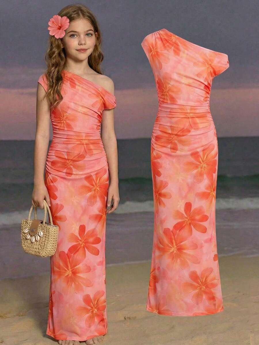 Tween girl wearing an elegant burgundy asymmetric bodycon long dress featuring 3D floral decoration, split pencil hem, and short sleeves.