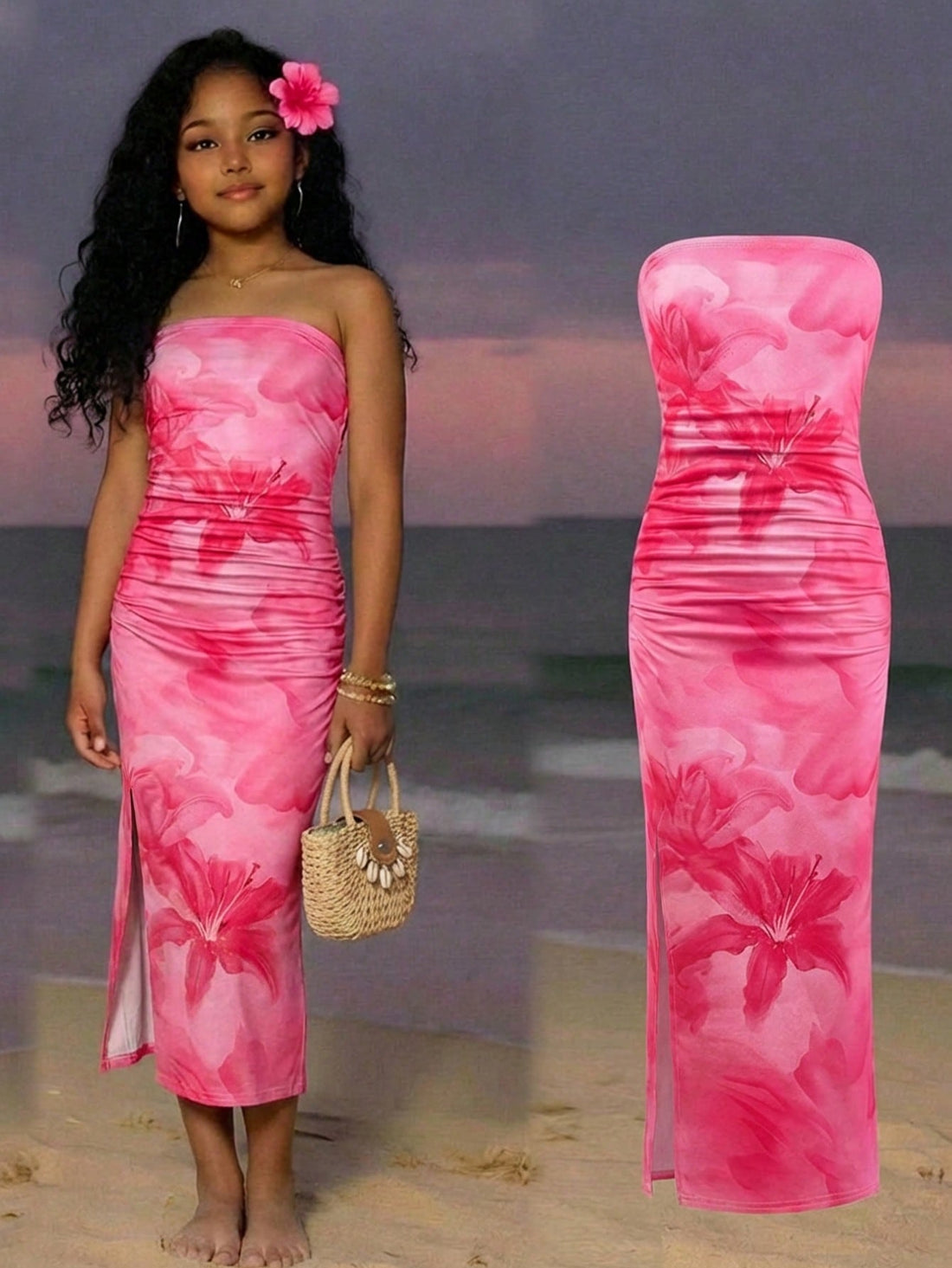 Tween girls multicolor floral print sleeveless halter midi dress with slit, slim fit, strapless neckline, zipper detail, and vacation beach style.