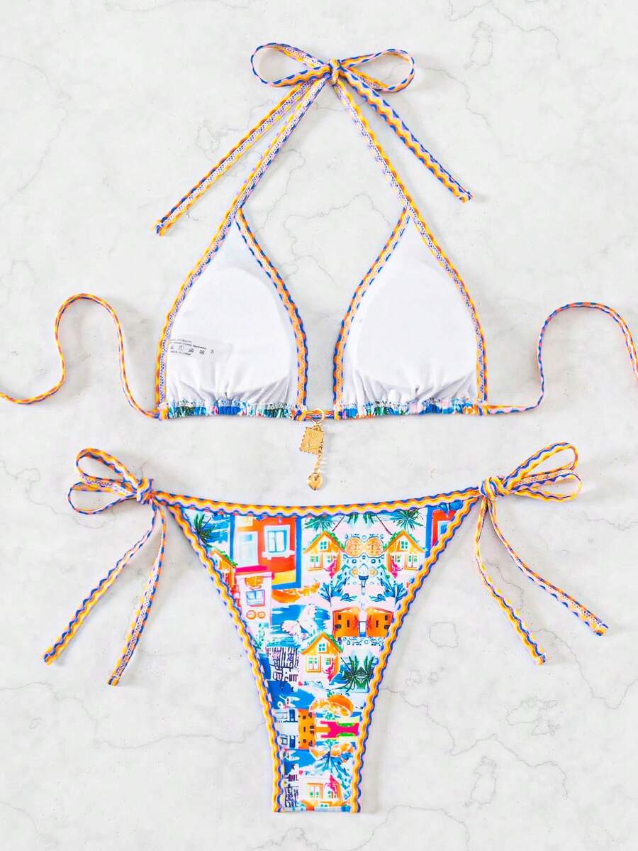 Women's high waist 2-piece triangle bikini set featuring colorblock trim, halter neckline, wireless bra with removable padding, and tie-side bottoms.