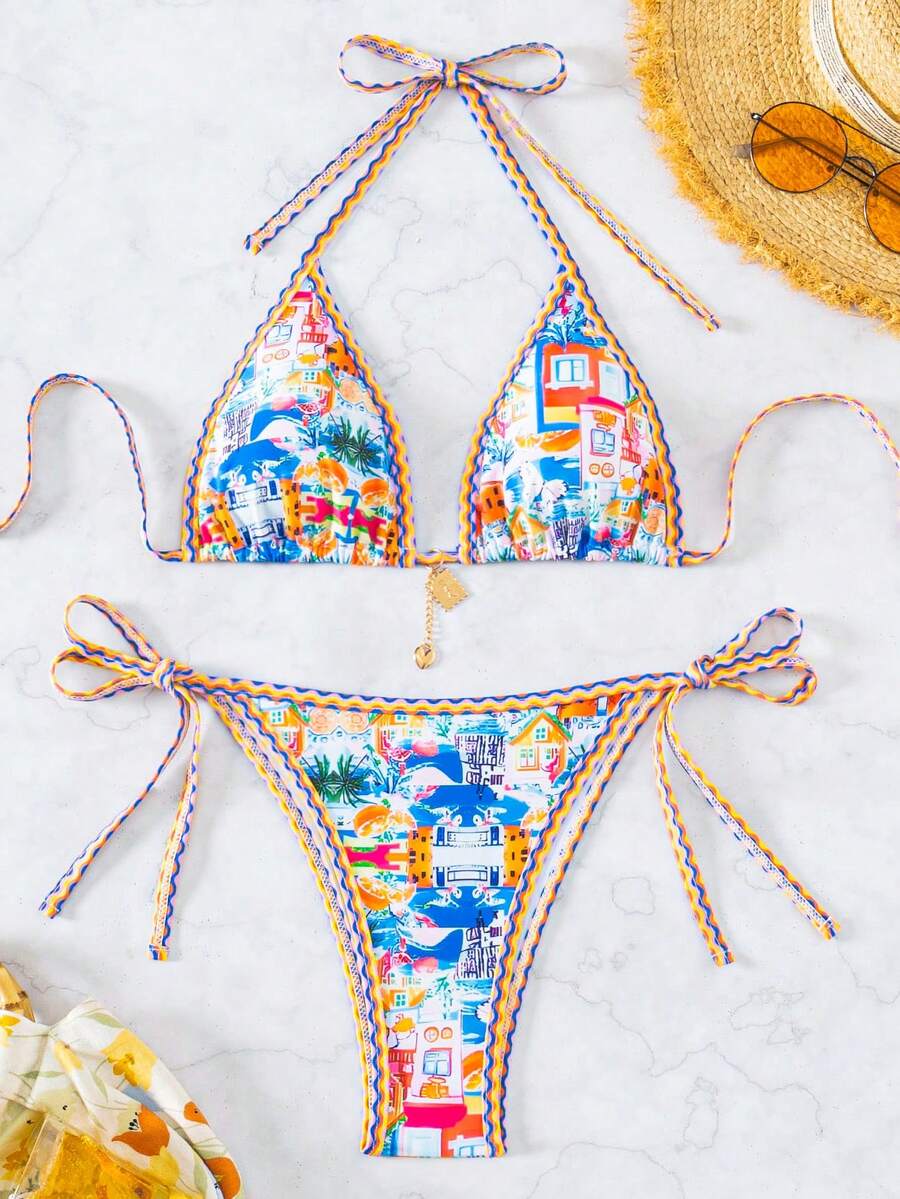 Women's high waist 2-piece triangle bikini set featuring colorblock trim, halter neckline, wireless bra with removable padding, and tie-side bottoms.