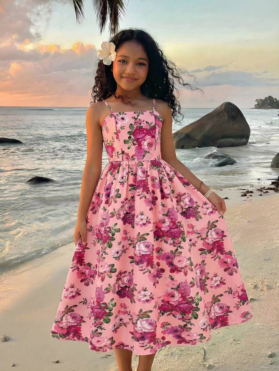 Tween girls apricot polka dot long cami dress with shoulder straps, high waist, and flared A-line skirt.