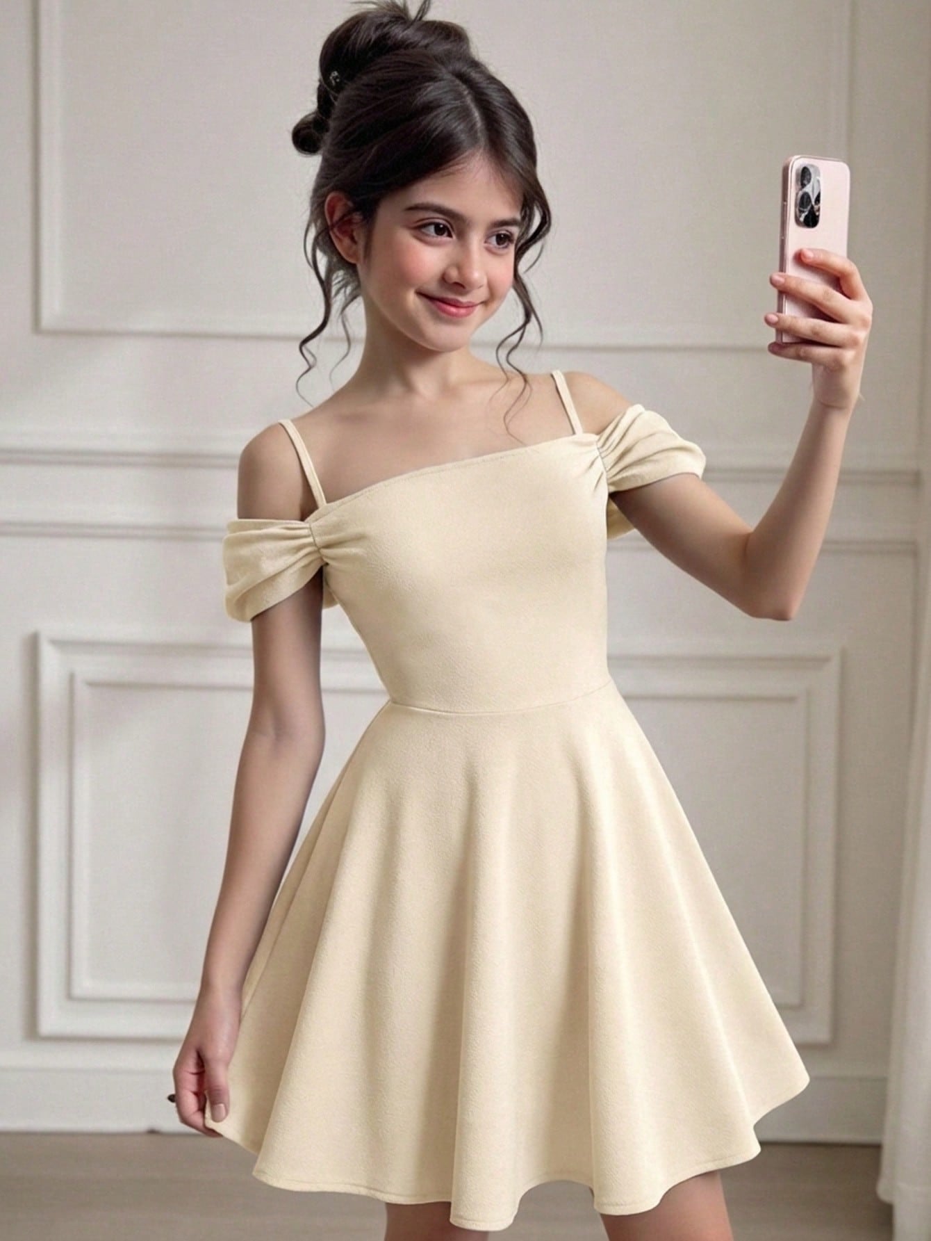 Apricot velvet A-line midi dress for tween girls featuring cold shoulder short sleeves, spaghetti straps, and a high waist.
