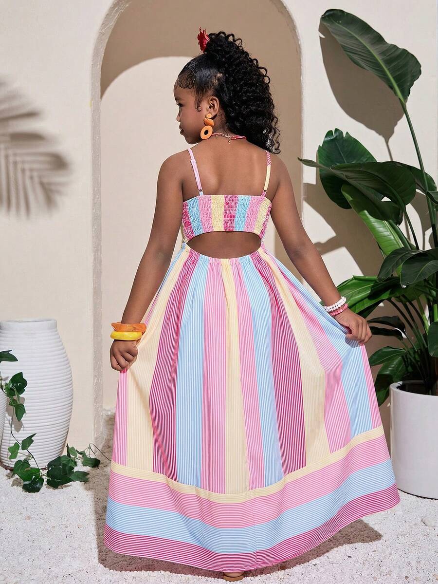 Tween girls blue striped summer camisole dress featuring spaghetti straps, high waist, flared hem, and back zipper detail.