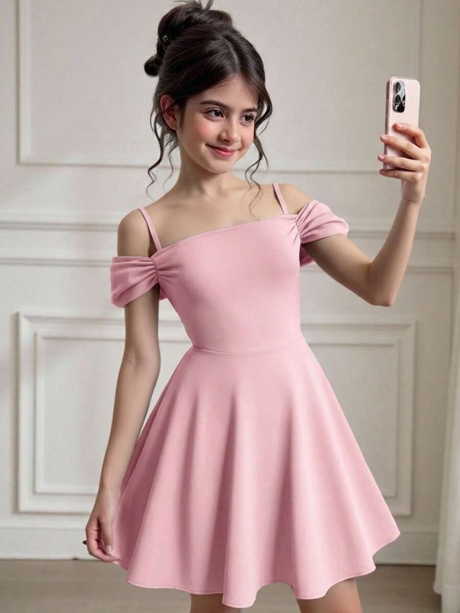 Apricot velvet A-line midi dress for tween girls featuring cold shoulder short sleeves, spaghetti straps, and a high waist.