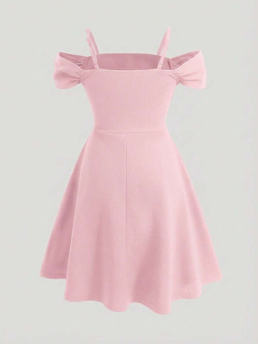 Apricot velvet A-line midi dress for tween girls featuring cold shoulder short sleeves, spaghetti straps, and a high waist.